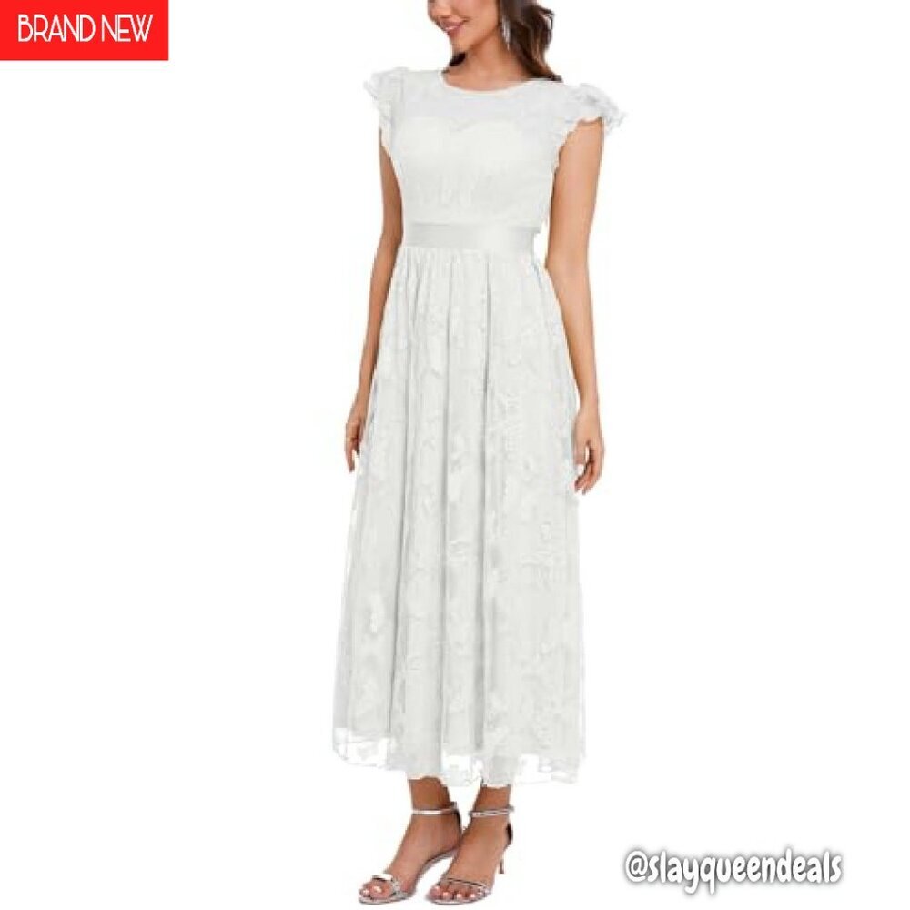 Flowy Tulle Midi Dress with Ruffle Sleeves Lace Trim Formal Party - Picture 4 of 8